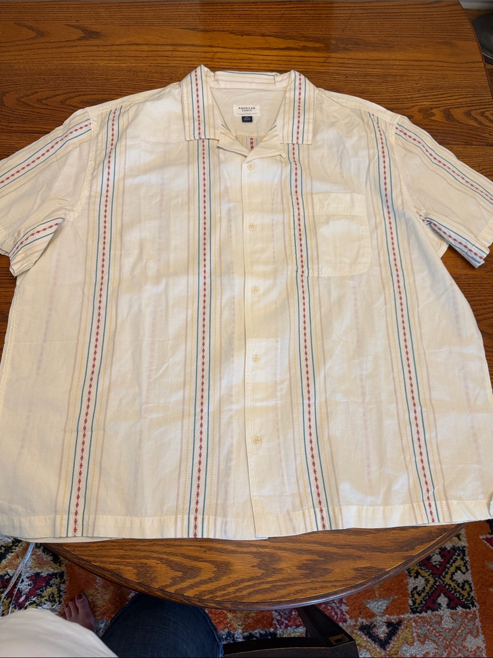 American Eagle Men’s Cream Short-Sleeve Button-Up Shirt with Red & Blue Stripe